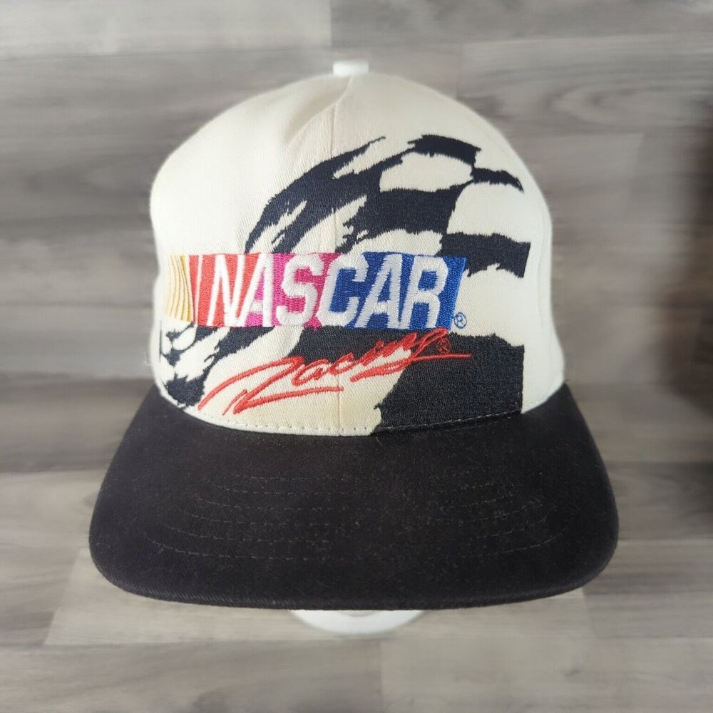 Vtg NASCAR Racing All Over Splash Checkered Flag Snapback Trucker Hat Cap USA